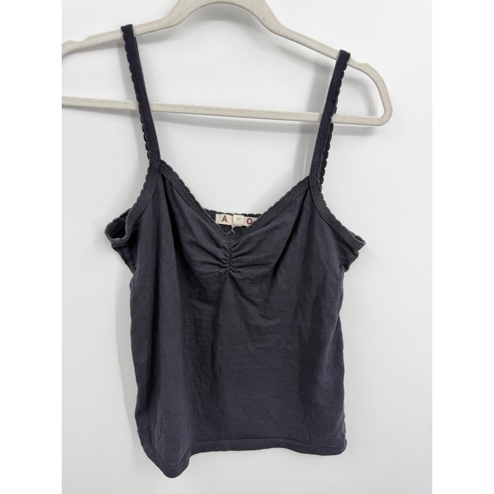 AMO scallop knit cami Cinched Bust Camisole Top sz S black Scalloped Trim Cotton